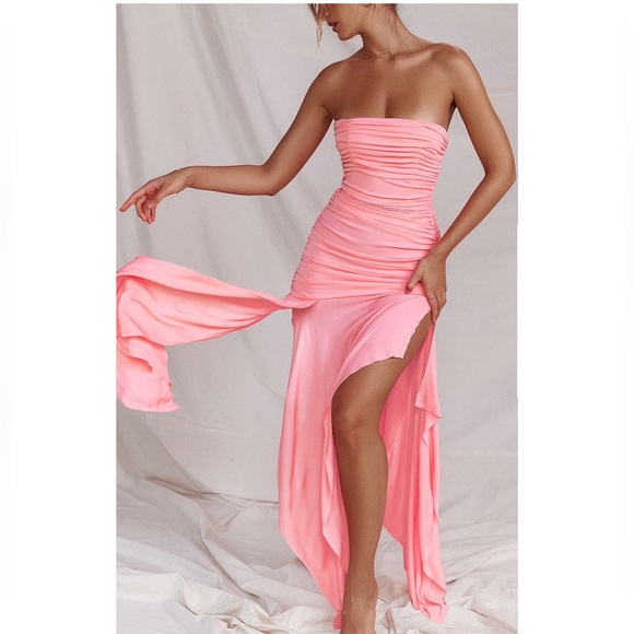 House of CB IVANA APRICOT GATHERED ASYMMETRIC DRESS Bright Peach SMALL - Picture 2 of 12